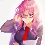  1girl alternate_hairstyle fate/grand_order fate_(series) glasses haga highres long_hair mash_kyrielight pink_hair simple_background solo violet_eyes white_background 