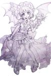  bat_wings character_doll character_dolls embellished_costume flandre_scarlet frills garter_straps graphite_(medium) looking_at_viewer mauve monochrome pigeon-toed remilia_scarlet simple_background smile touhou traditional_media wings 