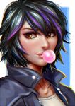  1girl big_hero_6 black_hair brown_eyes bubble_blowing bubblegum bust disney face gogo_tomago jacket lucha_cha marvel multicolored_hair purple_hair short_hair solo 