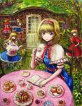  alice_margatroid blonde_hair blue_eyes book bow cake capelet chair cup doll door food hair_bow hairband hourai hourai_doll long_hair looking_up oil_painting_(medium) shanghai shanghai_doll short_hair sitting smile solo table tafuto tea tea_set teacup teapot touhou traditional_media tree 