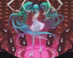  aqua_hair ass dress hand_on_chest hand_on_own_chest hand_to_chest hatsune_miku high_heels long_hair looking_back loped microphone see-through shoes solo speaker studio_microphone twintails very_long_hair vocaloid 