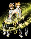  bare_shoulders binary blonde_hair blue_eyes bow detached_sleeves hair_ornament hair_ribbon hairclip headphones highres jeya kagamin_len kagamine_len kagamine_len_(append) kagamine_rin kagamine_rin_(append) navel siblings twins vocaloid vocaloid_append 