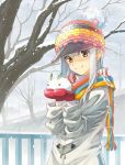  brown_eyes coat hat highres hirokiku original scarf silver_hair snow snow_bunny snowing solo toggles tree winter_clothes 