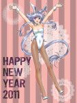  2011 animal_ears arms_up bunny_ears bunnysuit doily fangs heterochromia highres lavolpe_(yagisaka_seto) long_hair low-tied_long_hair new_year original pantyhose payot ponytail silver_hair striped striped_background very_long_hair yagisaka_seto 