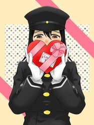  1girl akitsu_maru_(kantai_collection) black_hair blush bow breasts brown_eyes full-face_blush gift gloves hat heart-shaped_box huge_breasts kantai_collection military military_uniform mujina_(647_admiral) peaked_cap ribbon short_hair solo uniform valentine white_gloves 