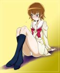  artist_request black_legwear blush brown_eyes brown_hair cure_sunshine heartcatch_precure! kneehighs looking_away myoudouin_itsuki nakahira_guy no_shoes panties pantyshot precure school_uniform short_hair socks solo source_request underwear white_panties yellow_background 