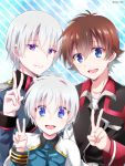  2boys blue_eyes brown_hair capelet kakumeiki_valvrave l-elf military military_uniform multiple_boys natsu_(360c) necktie open_mouth short_hair silver_hair smile the_prince_(kakumeiki_valvrave) tokishima_haruto uniform violet_eyes 