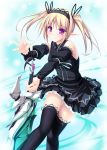  black_legwear black_thighhighs blonde_hair blush detached_sleeves dress hairband highres original outstretched_hand pointy_ears purple_eyes smile solo sword tenmaso thigh-highs thighhighs twintails violet_eyes weapon zettai_ryouiki 