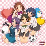  ball bird blue_hair blush brown_hair glasses glasses_on_head green_hair inazuma_eleven inazuma_eleven_(series) kayou_(artist) kino_aki kudou_fuyuka multiple_girls open_mouth otonashi_haruna penguin pillow purple_hair raimon_natsumi school_uniform soccer_ball telstar 