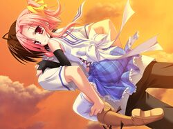  1boy 1girl ass blush boots brown_hair carrying checkered frills hair_ornament hair_ribbon natsu_yume_nagisa pink_eyes pink_hair red_eyes ribbon school_uniform short_hair skirt thighhighs toono_haruka white_legwear white_thighhighs 