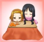  black_hair brown_eyes brown_hair closed_eyes eyes_closed food fruit hayashiya_zangourou hayashiya_zankurou k-on! kotatsu long_hair orange scarf shared_scarf short_hair table tainaka_ritsu 