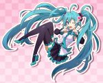  acha ahoge aqua_eyes aqua_hair checkered checkered_background detached_sleeves hatsune_miku heart high_heels lace lace-trimmed_thighhighs legs long_hair necktie pointing shoes skirt solo thigh-highs thighhighs twintails very_long_hair vocaloid wink 
