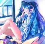  blue_hair cd cd_player closed_eyes eyes_closed hand_on_headphones hatsune_miku headphones long_hair no_pants pillow sitting solo twintails very_long_hair vocaloid zrero 