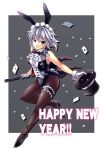  animal_ears blue_eyes braid bunny_ears bunnysuit card cards falling_card female floating_card happy_new_year hat izayoi_sakuya leotard magician new_year pantyhose short_hair silver_hair solo top_hat touhou touya_(the-moon) twin_braids 