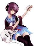  brown_eyes cardigan fenrir_(buzhidaoshishuei) guitar headphones highres instrument nagato_yuki purple_hair school_uniform short_hair suzumiya_haruhi_no_yuuutsu thigh-highs thighhighs tissue_princess 