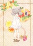  alternate_costume animal_ears bad_id bare_legs child flower food fruit grapes grey_hair hebereke_black leaf mouse_ears nazrin orange pink_eyes rose short_hair slippers solo standing touhou yellow_rose young 