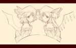  face flandre_scarlet kurokuro monochrome remilia_scarlet siblings sisters sketch smile symmetry touhou wings 