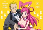  1boy 1girl age_difference animal_ears bad_id bunbee bunny_ears bunnysuit couple cure_dream female fishnet_pantyhose fishnets long_hair maeashi magical_girl male new_year pantyhose pink_hair precure pretty_cure purple_eyes tuxedo violet_eyes yellow_background yes!_precure_5 yes!_pretty_cure_5 yumehara_nozomi 