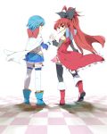  bare_shoulders blue_eyes blue_hair boots cape checkered checkered_floor detached_sleeves from_behind grin hand_holding holding_hands komoreg long_hair magical_girl mahou_shoujo_madoka_magica miki_sayaka mouth_hold multiple_girls neck_ribbon pocky ponytail red_eyes red_hair redhead ribbon sakura_kyouko shadow short_hair smile thigh-highs thighhighs 