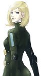  blonde_hair blue_eyes bodysuit looking_back shin_megami_tensei:_strange_journey short_hair simple_background smile solo zelenin 