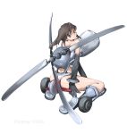  blue_eyes brown_hair flettner_fl265 helicopter long_hair looking_back mecha_musume military nano original simple_background solo 