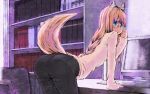  animal_ears artist_request ass bent_over blue_eyes computer fox_ears fox_tail glasses jeans long_hair looking_back monitor original reki_(tiny_fin) solo tail 