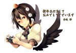  akeome black_wings brown_hair bust camera check_translation hat new_year red_eyes riku_(wana) shameimaru_aya short_hair solo tokin_hat touhou translated wings 