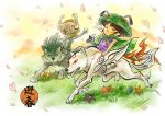  brush capcom crossover hat helmet imp issun link link_(wolf) midna nintendo okami ookami_(game) petals red_eyes smile the_legend_of_zelda twilight_princess wolf 