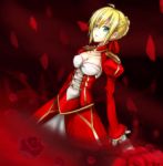  bad_id blonde_hair dress fate/extra fate/stay_night fate_(series) flower green_eyes saber saber_extra short_hair smile whiisky 