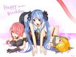  all_fours blue_eyes blue_hair breasts choker gloves green_eyes hair_ornament hair_ribbon hairclip hatsune_miku highres kagamine_rin long_hair lying megurine_luka multiple_girls open_mouth peconi pekoni_(peconi) red_eyes red_hair redhead ribbon sailor_collar see-through thighhighs twintails very_long_hair vocaloid wink 