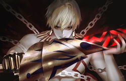  1boy absurdres aoi_ogata blonde_hair chain chinese_commentary commentary_request ea_(fate) earrings fate/stay_night fate_(series) gauntlets gilgamesh_(fate) highres holding holding_weapon jewelry looking_at_viewer male_focus necklace open_mouth red_eyes second-party_source short_hair smile solo topless_male upper_body weapon 