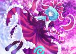  boots bow closed_eyes dress eyes_closed frills front_ponytail green_hair hair_bow hair_ornament hair_ribbon highres kagiyama_hina konikonitantan long_hair outstretched_arms ribbon ribbons shimotsuki_keisuke smile solo spread_arms touhou 