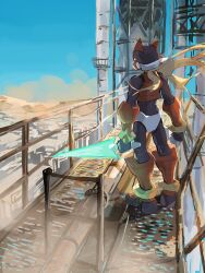  1boy absurdres armor blonde_hair energy_sword from_behind full_body helmet highres holding holding_sword holding_weapon long_hair mega_man_(series) mega_man_zero_(series) omochi_(mochi_skymega) outdoors red_armor red_helmet solo standing sword weapon z_saber zero(z)_(mega_man) zero_(mega_man) 