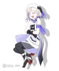  1girl ahenn black_gloves black_pantyhose blonde_hair blue_hair blue_scarf closed_eyes commentary_request dress full_body gloves gradient_hair gradient_scarf jean_bart_(kancolle) kantai_collection laughing mole mole_under_eye multicolored_hair multicolored_scarf pale_skin pantyhose scarf short_hair solo strapless strapless_dress twitter_username two-tone_headwear white_dress 