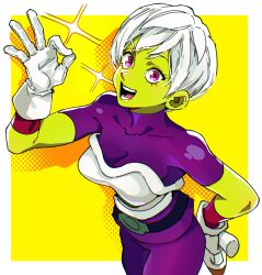  1girl :d absurdres alien bodysuit border cheelai colored_skin cowboy_shot dragon_ball dragon_ball_super dragon_ball_super_broly gloves green_skin halftone halftone_background hand_on_own_hip highres isaacchief300 ok_sign open_mouth short_hair smile solo sparkle teeth violet_eyes white_border white_gloves white_hair 