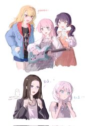  5girls bang_dream! bang_dream!_it&#039;s_mygo!!!!! black_hair blonde_hair blue_jacket chihaya_anon chinese_text commentary futaba_tsukushi guitar hcq25535058 highres instrument jacket kirigaya_toko long_hair multiple_girls open_mouth pink_hair romaji_commentary smile wakamiya_eve wakana_rei 