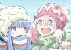  2girls amaru_keiichi beanie blue_background blue_eyes blue_hair blue_scarf brown_eyes green_scarf hair_between_eyes hat kagamihara_nadeshiko long_hair multiple_girls open_mouth pink_hat pom_pom_(clothes) pom_pom_beanie portrait scarf shima_rin smile striped_clothes striped_scarf white_hat yurucamp 