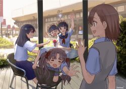  4girls :d black_hair blue_eyes blue_sailor_collar blue_skirt bow brown_eyes brown_hair brown_sweater_vest cafe collared_shirt commentary_request english_commentary flower food food_theft hair_bow hair_flower hair_ornament head_wreath highres long_hair medium_hair misaka_mikoto mixed-language_commentary multiple_girls parfait pleated_skirt reaching reaching_towards_another red_bow round_table sailor_collar sakugawa_school_uniform saten_ruiko school_uniform serafuku shirai_kuroko shirt short_hair signature skirt sleepingnes1 smile smug sweater_vest table toaru_kagaku_no_railgun toaru_majutsu_no_index tokiwadai_school_uniform uiharu_kazari waving white_shirt 