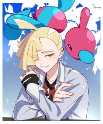  +++ 1boy ahoge black_gloves blonde_hair collarbone commentary_request gladion_(academy)_(pokemon) gladion_(pokemon) gloves green_eyes grin hair_over_one_eye highres jacket long_sleeves male_focus mocacoffee_1001 official_alternate_costume open_clothes open_jacket pokemon pokemon_(creature) pokemon_masters_ex porygon-z shirt short_hair signature smile striped_clothes striped_shirt teeth 