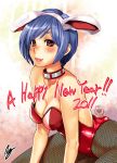  animal_ears bare_shoulders blue_hair blush bunny_ears bunnysuit choker fishnet_pantyhose fishnets new_year ohshima_ryo ooshima_ryou original pantyhose short_hair solo 