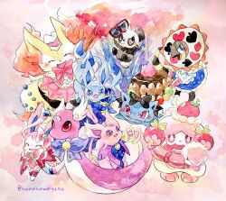  alternate_color black_bow blue_bow blue_dress bow braixen club_(shape) crystal diamond_(shape) dragonair dress espeon food fruit glaceon heart heliolisk highres ivysaur no_humans non_(kumakawayusu) open_mouth painting_(medium) pancham pink_dress pokemon pokemon_(creature) shiny_pokemon slurpuff spade_(shape) strawberry sylveon traditional_media watercolor_(medium) 