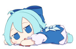  1girl :o ahoge blue_bow blue_dress blue_eyes blue_hair blue_shoes blush_stickers bow cirno commentary_request double-parted_bangs dress full_body fumo_(doll) hair_bow highres ice ice_wings kame_(kamepan44231) lying on_stomach open_mouth pinafore_dress shirt shoes short_hair short_sleeves simple_background sleeveless sleeveless_dress solo touhou white_background white_shirt wings 