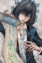  1boy absurdres black_hair black_jacket blue_eyes dominic_ian_cabatit fate/grand_order fate_(series) floating_crown hair_between_eyes highres holding holding_scroll jacket long_sleeves looking_at_viewer male_focus oberon_(fate) oberon_(fgo_fes._2025)_(fate) open_clothes open_jacket open_shirt scroll shirt short_hair solo upper_body white_shirt 