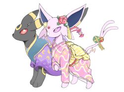  animal_focus clothed_pokemon colored_sclera espeon flower forehead_jewel forked_tail full_body hair_flower hair_ornament japanese_clothes kimono no_humans pokemon pokemon_(creature) pokemon_focus red_eyes red_sclera s8iyt simple_background tail tail_ornament umbreon violet_eyes white_background yukata 