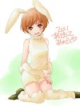  2011 akeome animal_ears arm_warmers brown_eyes brown_hair bunny_ears bunny_girl bunny_tail kemonomimi_mode leg_warmers mysk mysk918 new_year persona persona_4 satonaka_chie short_hair solo tail 