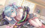  aqua_eyes aqua_hair beek blue_hair blush breasts east_asian_architecture flower footwear foreshortening hair_flower hair_ornament hatsune_miku highres japanese_architecture japanese_clothes lying on_side open_clothes open_mouth socks solo vocaloid white_legwear white_socks 