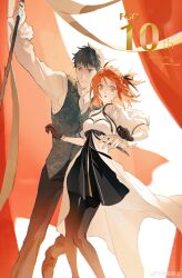  1girl absurdres anniversary black_hair black_pantyhose dress fate/grand_order fate_(series) feet_out_of_frame fujimaru_ritsuka_(female) gloves hair_between_eyes hair_ornament hair_ribbon highres long_sleeves looking_at_viewer mimulishizi one_side_up open_mouth orange_eyes orange_hair pants pantyhose ribbon saitou_hajime_(fate) saitou_hajime_(fgo_fes._2025)_(fate) shirt shoes short_hair vest white_shirt 