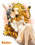  akeome akiyama_mio animal_ears blush bunny_ears bunny_tail fukutarou_(enji127) k-on! multiple_girls new_year tail tainaka_ritsu thighhighs tiger_ears tiger_print tiger_tail tongue wink yuri 