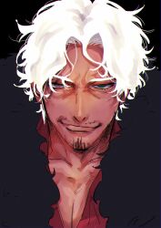  1boy alternate_hair_color amayado_rei beard_stubble black_background chromatic_aberration coat collared_shirt curtained_hair facial_hair film_grain fur_coat furrowed_brow green_eyes grey_eyes heterochromia highres hypnosis_mic looking_at_viewer male_focus mature_eyes mature_male messy_hair mustache_stubble nishino_(fetv8484) parted_bangs parted_hair portrait red_shirt scar scar_across_eye scar_on_face shirt short_hair simple_background smirk solo straight-on stubble wavy_hair white_hair 