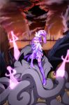  1girl 1no1nokanda absurdres arm_warmers boots cure_sword davi_(dokidoki!_precure) detached_sleeves dokidoki!_precure dress earrings gloves hair_ornament hairpin hand_on_shoulder highres jewelry kenzaki_makoto king_selfish magic monster ponytail precure purple_dress purple_hair purple_legwear ribbon side_ponytail size_difference solo spade sword tears thigh-highs thigh_boots violet_eyes weapon 